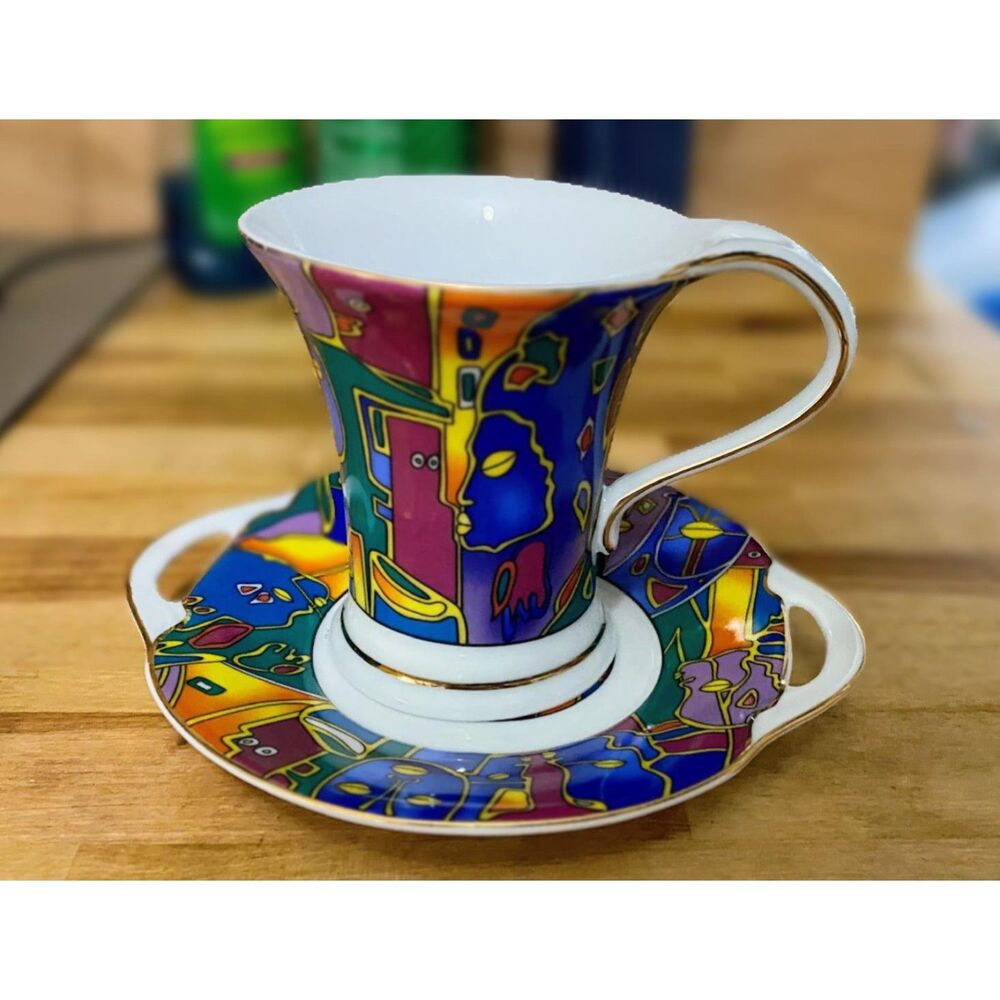 So French Décor du Galion Limoges Demitasse Cup Saucer Abstract Pop Art